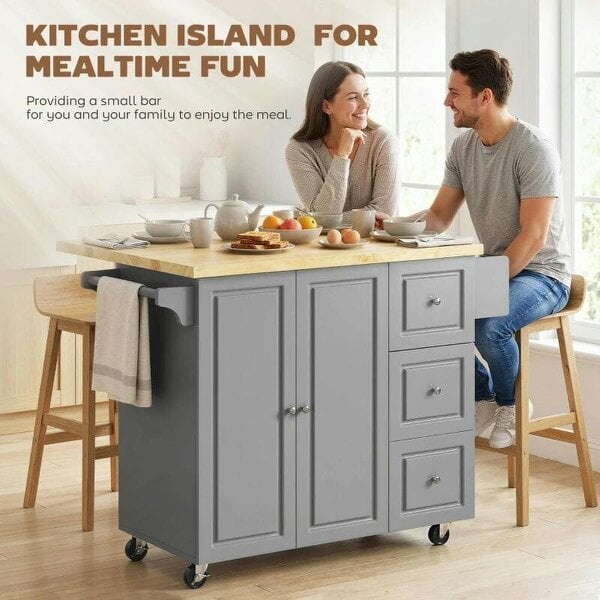Kitchen Island on Wheels, Rolling Kitchen Storage Trolley with Drop Leaf, Drawers, Towel and Spice Rack, Grey