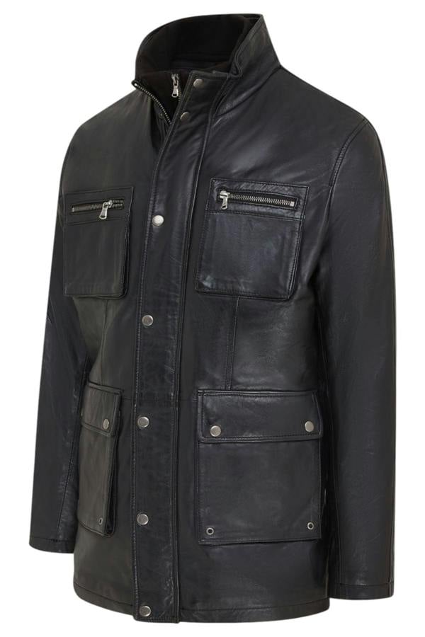 Infinity Leather Men’s Leather Military Jacket Outwear Trenchcoat - Field