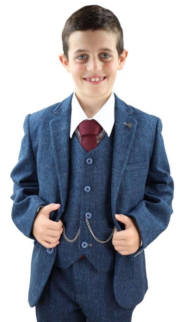 House of Cavani Boys 3 Piece Blue  Herringbone Tweed Check Classic  Suit