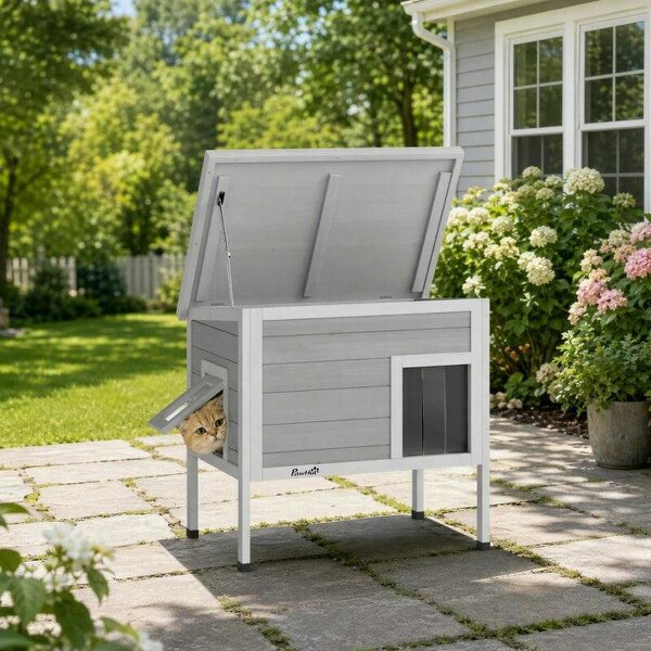 Outdoor Cat House, Insulated Cat Shelter with Insulated Liner, Waterproof Asphalt Roof, Escape Door, Opening Top