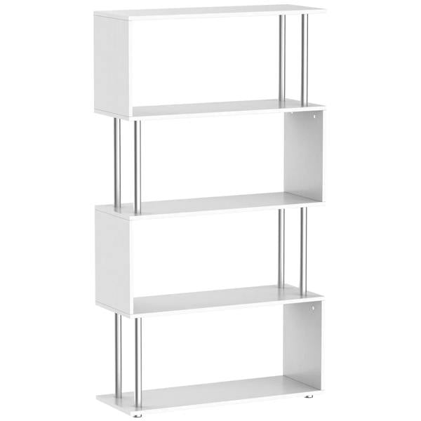 White S-shaped 5-tier freestanding bookcase with open shelves and metal supports