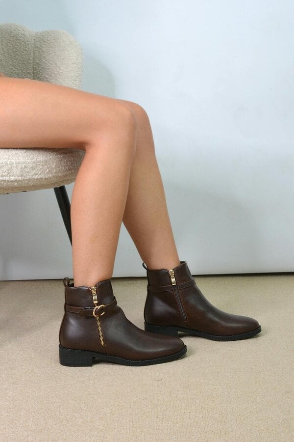 XY LONDON Flat Low Heel Ankle Booties With Decorative Buckle and Zip