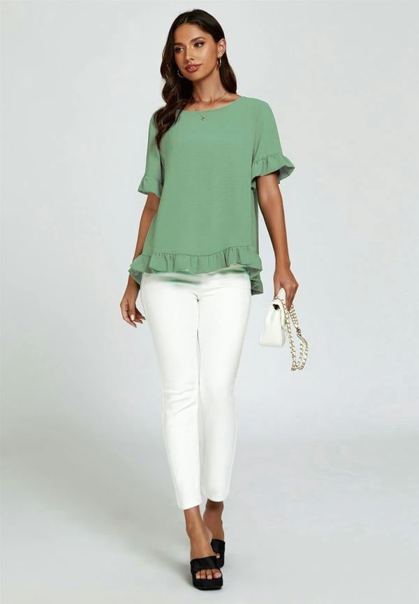 FS Collection Frill Detail Short Sleeves Top In Light Green