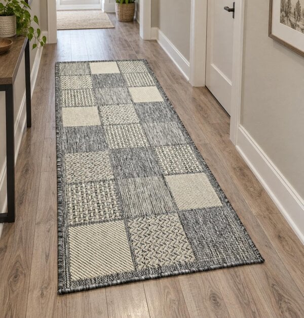 Viva Rugs Grey Check Runner Rug Non-Slip Flat Weave Kitchen Hallway Carpet