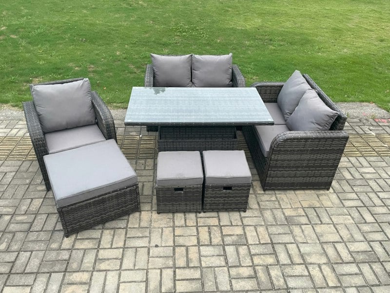 Fimous Rattan Furniture Garden Dining Set Outdoor Height Adjustable Rising lifting Table Love Sofa Chair With 3 Footstools