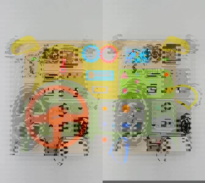 Dyzi Natural Wood Car Driving Steering Wheel Montessori Busy Board with LED Lights, Engine Sounds