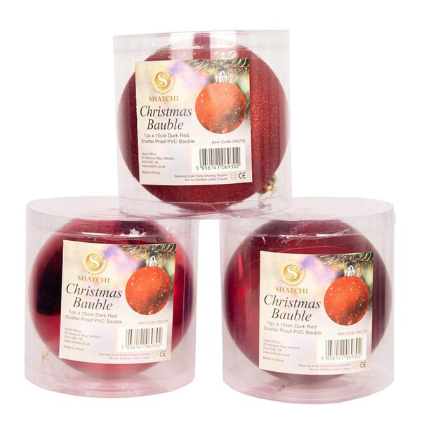 Shatchi 15cm Christmas Bauble Set, 3 Pieces, Shatterproof Dark Red Tree Decorations