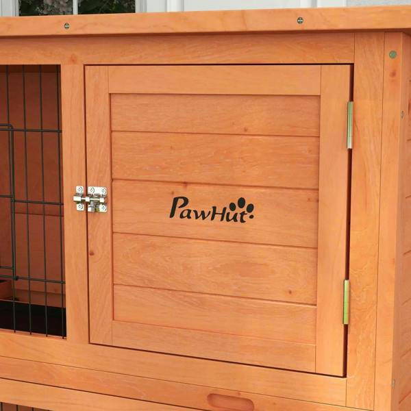 Orange wooden main door with PawHut logo and metal latch for rabbit hutch