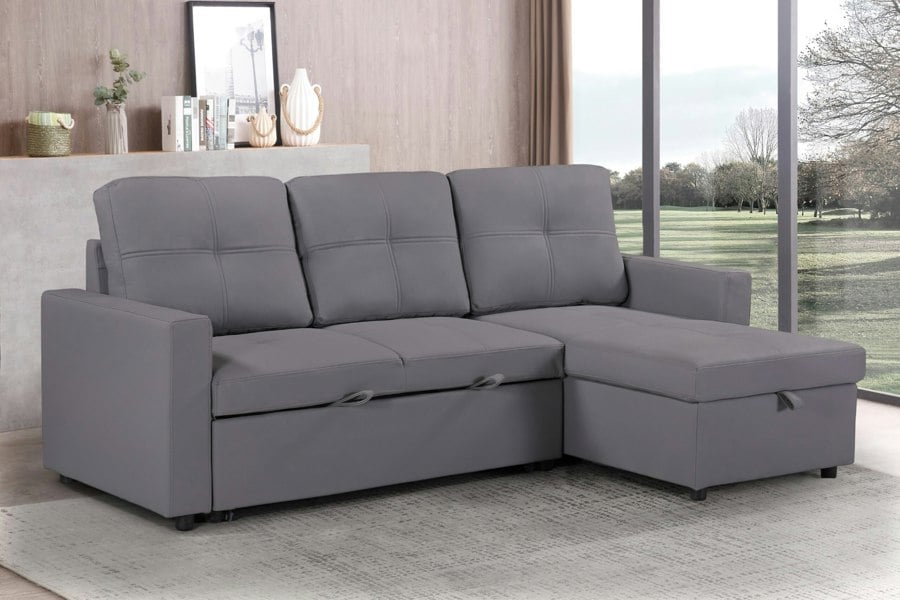 SQUAREBOXX Newport Leather 3 Seater Pullout Sofa Bed in Grey with Storage Compartment