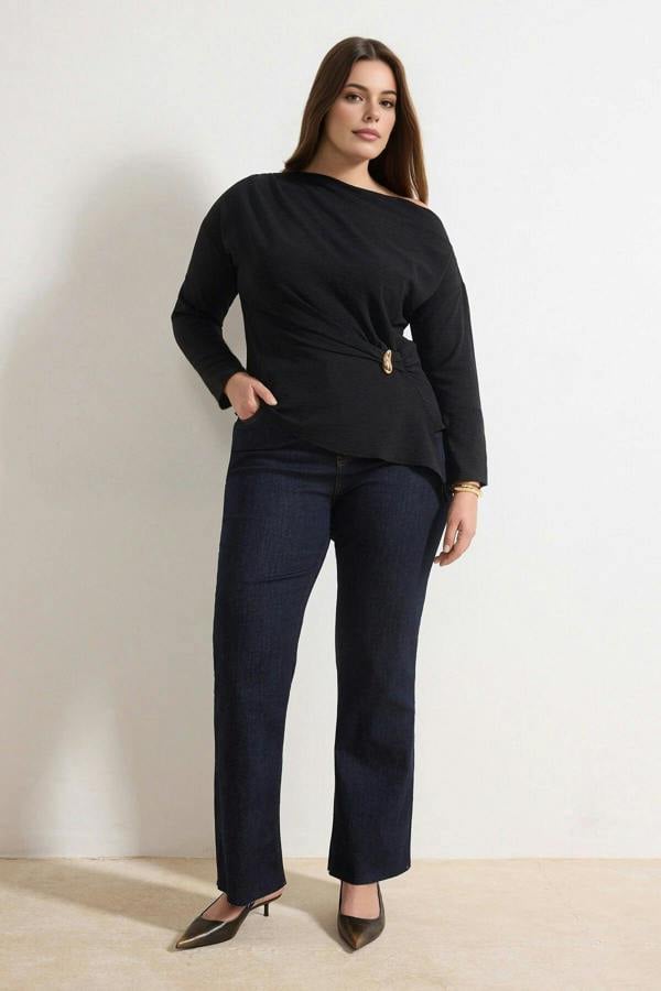 WOVCOR Gold Accessory Asymmetrical Collar Long Sleeve Woven Plus Size Blouse