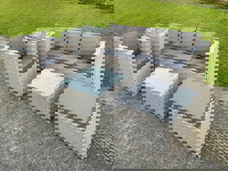 Fimous Light Grey Lounge Outdoor PE Rattan Garden Furniture Set Wicker Sofa Set Square Coffee Table Armchair Side Tea Table