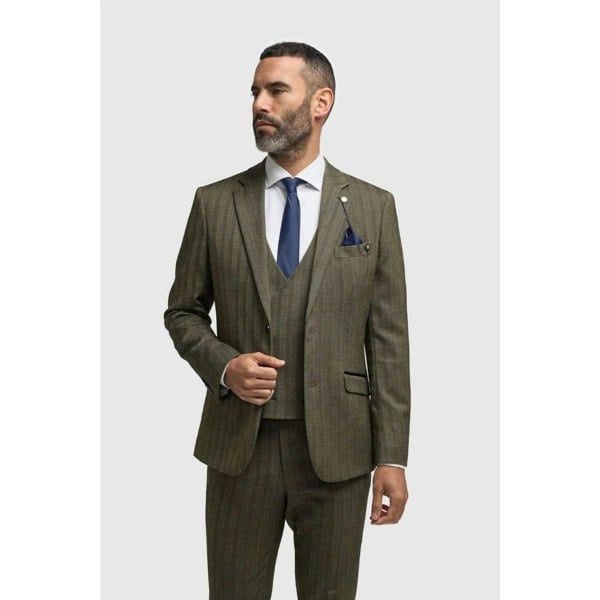 House Of Cavani Damon - Men's Olive Green 3 Piece Herringbone Tweed Suit