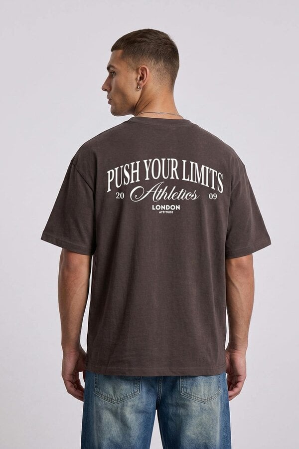 London Attitude Push Your Limits Oversized Heavyweight T-Shirt in White Print - Dark Chocolate