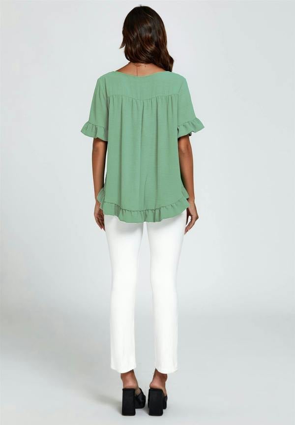 FS Collection Frill Detail Short Sleeves Top In Light Green
