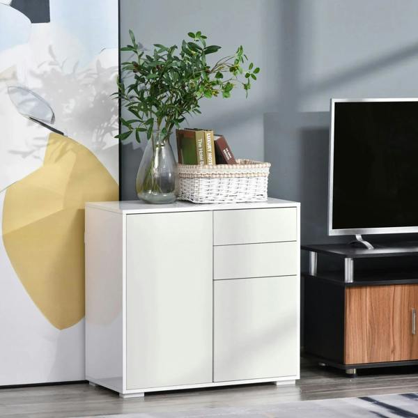 White sideboard with two doors and two drawers, styled in a room setting