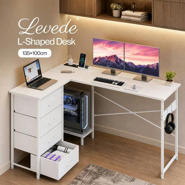 Levede L-shaped Office Desk Corner Computer Table with Storage USB Power Charing
