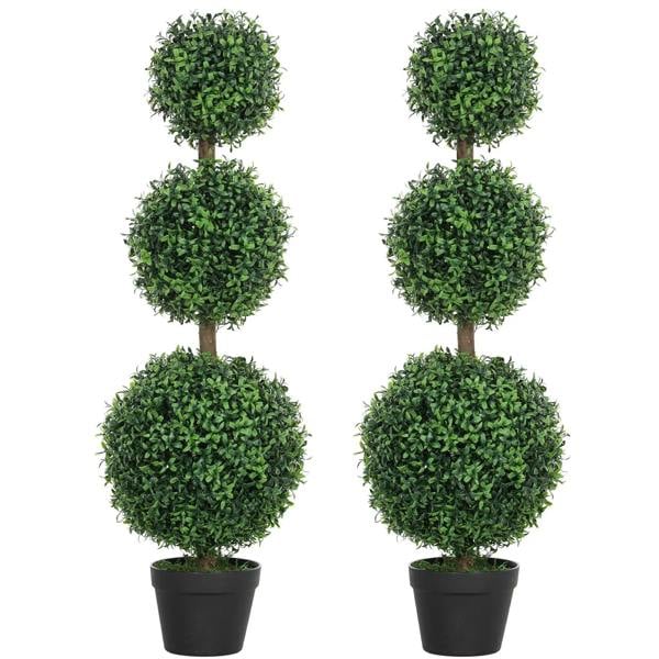 Set of 2 artificial boxwood-style topiary ball trees in dark pots, green foliage