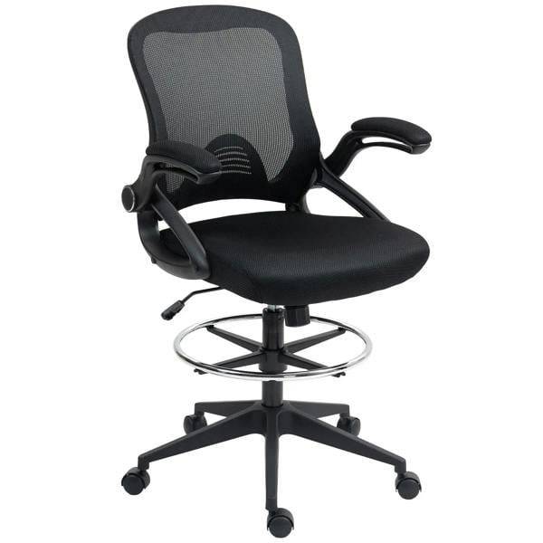 Black mesh office drafting chair with flip-up armrests, padded seat, and swivel foot ring base