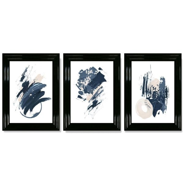 Abstract Set of 3 Minimal Blue Oil Painting Framed Art Prints with Glossy Black Frames