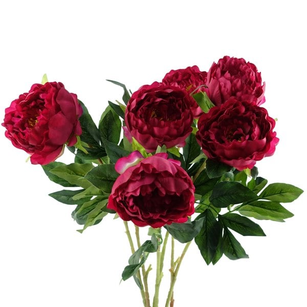 Leaf Pack of 6 x 80cm Artificial Dark Pink Peony Stem