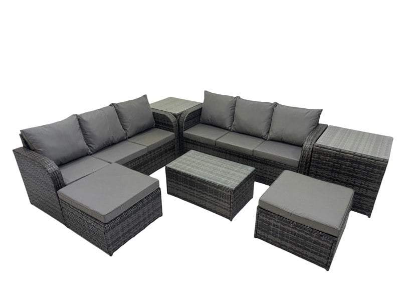 Fimous Outdoor 3 Seater Sofa Coffee Table Set Garden Rattan Furniture Set 8 Seater with 2 Big Stool 2 Side Tables Dark Grey