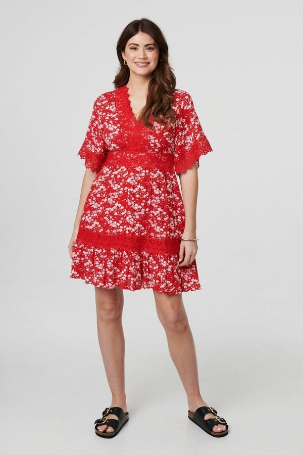 Red | Floral Lace Trim 1/2 Sleeve Mini Dress
