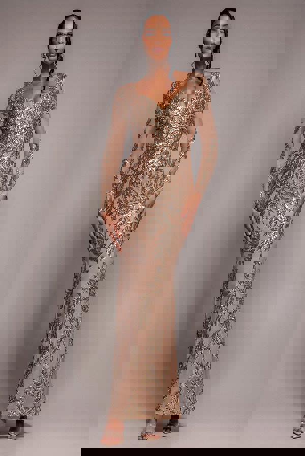 Sequin Leaf Long Sleeve Maxi Dress - Gold DR4359