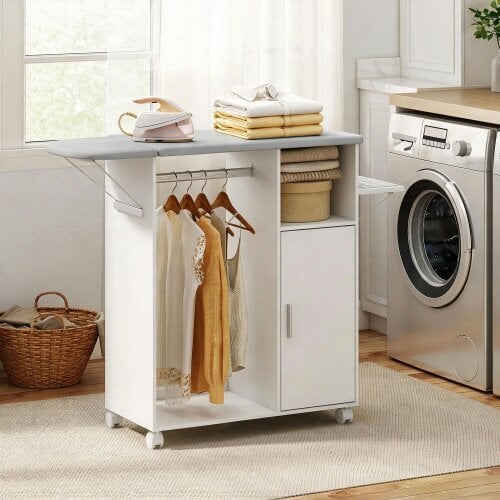 HOMCOM Rolling Ironing Board Cabinet, Foldable Ironing Station with Storage