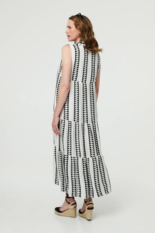 Black | Geo Print Sleeveless Tiered Maxi Dress
