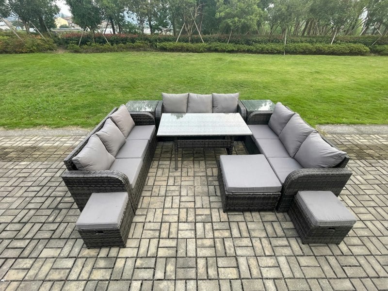 Fimous 12 Seater Dark Grey Mixed Rattan Outdoor Lounge Set - Oblong/Rectangular Dining Table, 3 Footstools & 2 Side Tables
