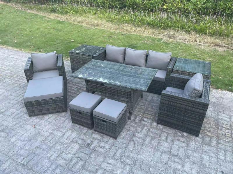 Fimous 8 Seater Rattan Garden Furniture Patio Set, Dining Table, Lounge Sofa Chair, 2 Side Tables, Big Footstool, 2 Small Stools, Dark Grey Mixed