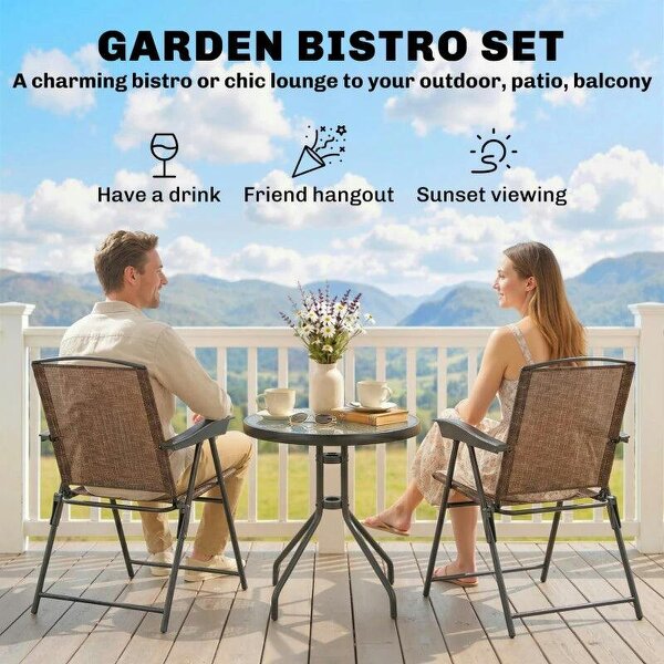 3 Piece Outdoor Bistro Set, Patio Conversation Furniture Set with 2 Folding Backrest Adjustable Armchairs and Glass Top Coffee Table, Brown