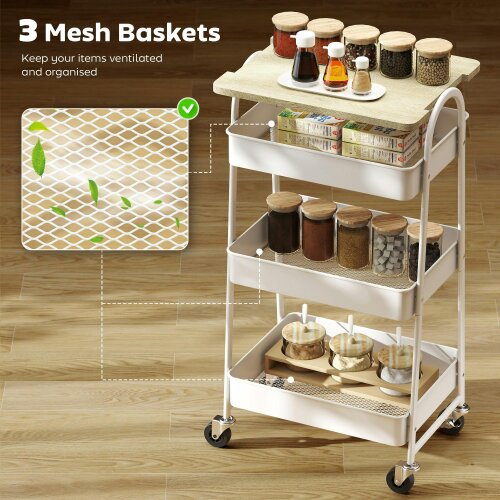 Wyld Haus Satoro Wooden White And Oak 3 Tier Kitchen Trolley With Covered Top