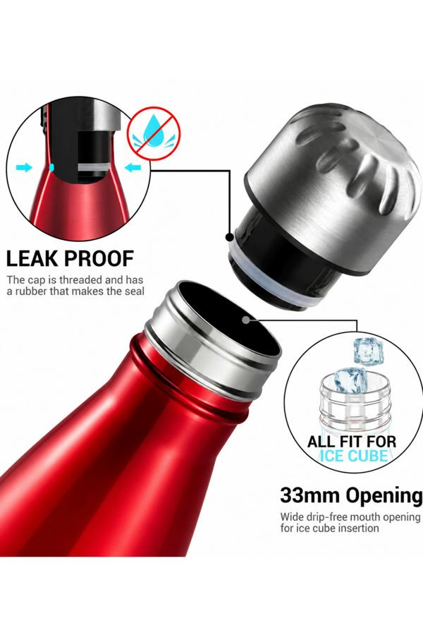 Dyzi 500ml Stainless Steel Water Bottle Leak Proof BPA Free Red