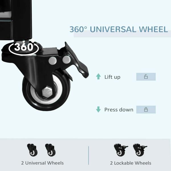 360-degree universal wheel for black pet crate, showing lift and press-down action