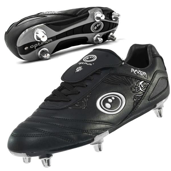 Optimum Razor Junior Rugby Boots Silver/Black – 6-stud metal traction and lightweight lace-up features