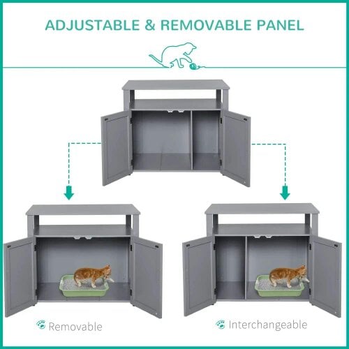 Wooden Cat Litter Box Enclosure Furniture with Adjustable Interior Wall & Large Tabletop for Nightstand, Grey