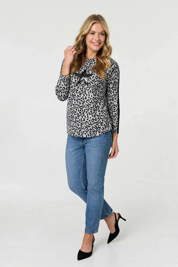 Grey | Animal Print Sequinned Long Sleeve Top