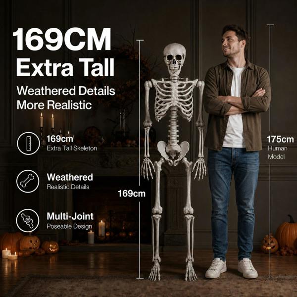 Yezi Halloween Skeleton Life Size 169cm Posable Jointed ABS Spooky Patio White