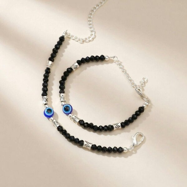 The Colourful Aura Silver Evil Eye Black Beaded Kids Indian Nazaria Bracelet