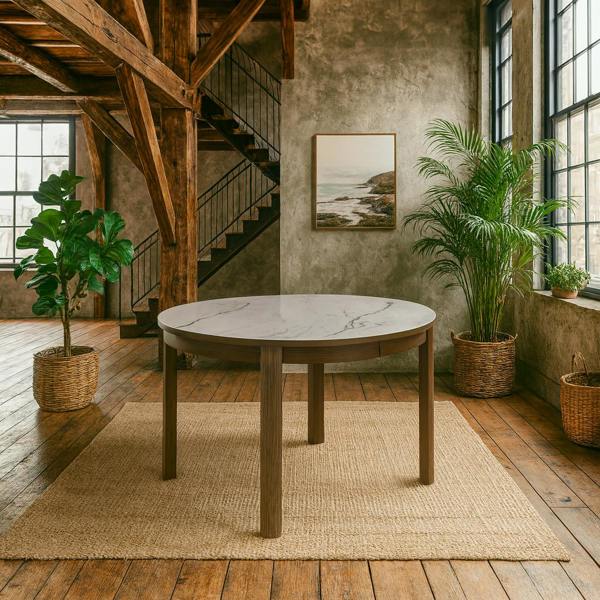 Wyld Haus Cork Round Extendable Dining Table with Cream Ceramic Top and Oak Veneer Base