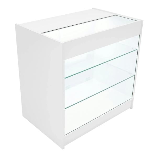 White Calliope LED shop counter set featuring a sleek design, glass shelves, and a modern finish, ideal for retail displays