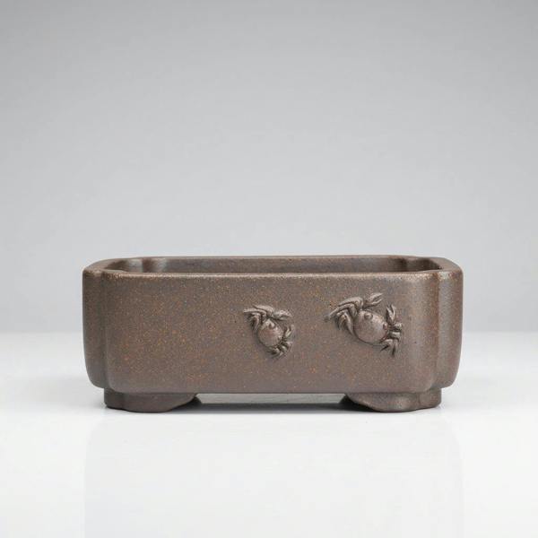 Yorkshire Bonsai Premium Yixing Bonsai Pot | Unglazed Rectangle with Crab Detail | 16cm x 11cm x 6cm