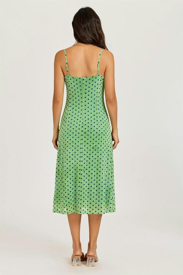 FS Collection Mottled Effect Devore Polka Dot Mesh Cami Midi Dress In Green