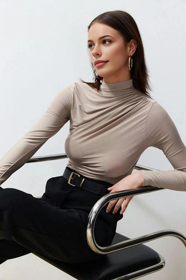 WOVCOR Draped High Neck Long Sleeve Blouse