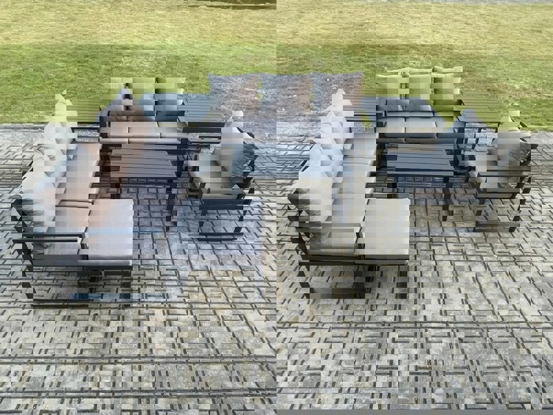 Fimous Aluminium 8 Seater Garden Furniture Outdoor Patio Sofa Set with Rectangular Coffee Table Armchair Big Footstool 2 Side Tables Dark Grey
