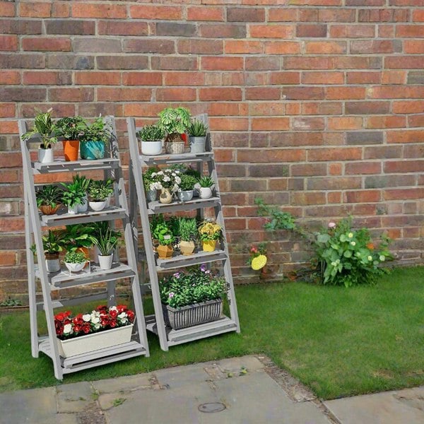 Modcraft 4-Tier Grey Foldable Wooden Plant Stand – Ladder Shelf Display Rack