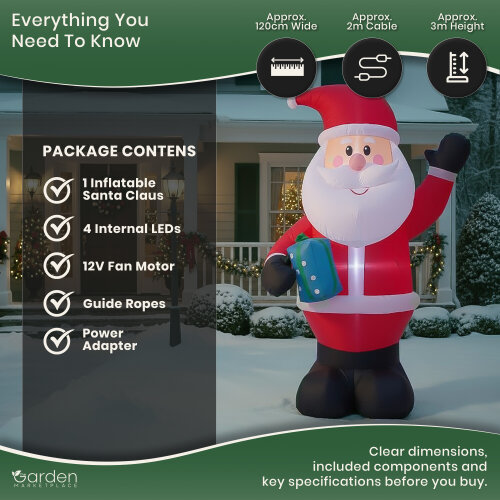 3m Inflatable Santa Christmas Decoration with 4 LED Lights, Indoor & Outdoor Use, Waterproof Polyester, Fan Motor & Ropes Included
