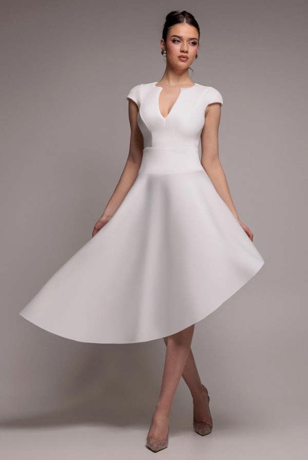 Cap Sleeve Skater High Low Midi Dress - Cream DR5100