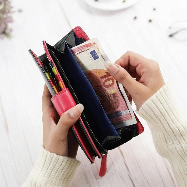 Person holding a black bifold purse with money on a light background